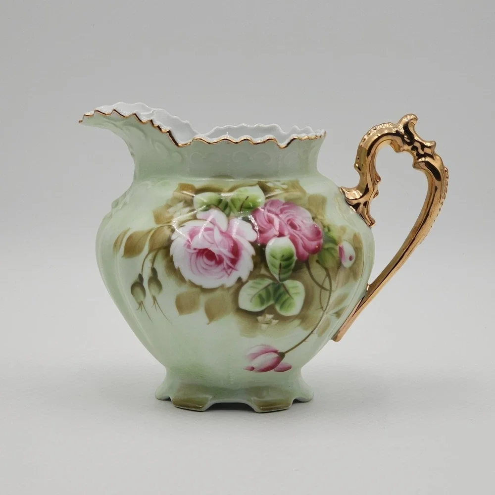 Vintage Lefton Rose Pitcher Hand Painted Green Porcelain Gold Trim 796